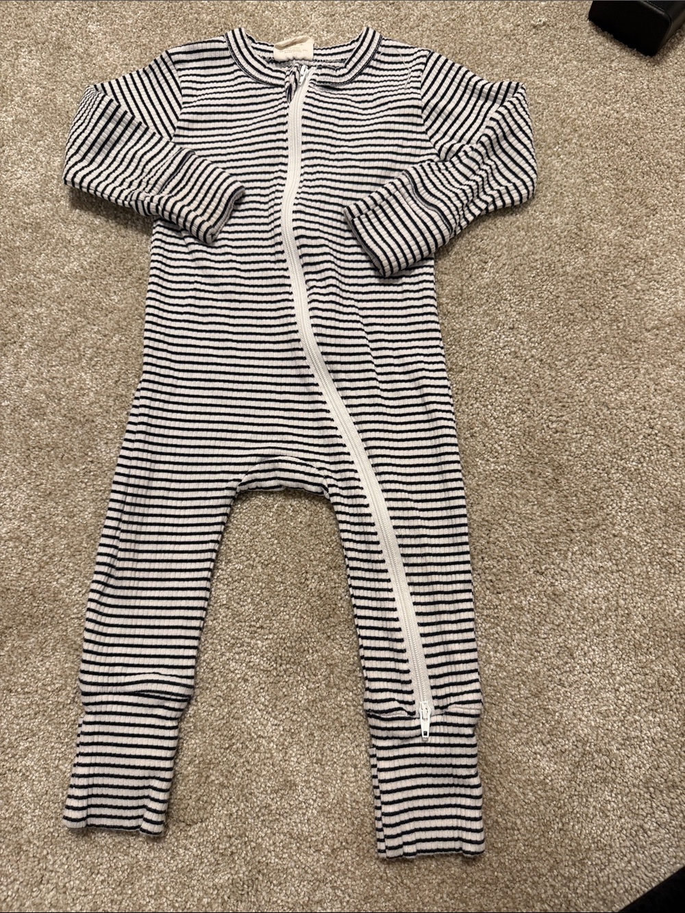 Striped Zip-Front Kids One-Piece Footie in Black and White Ribbed Organic Cotton
